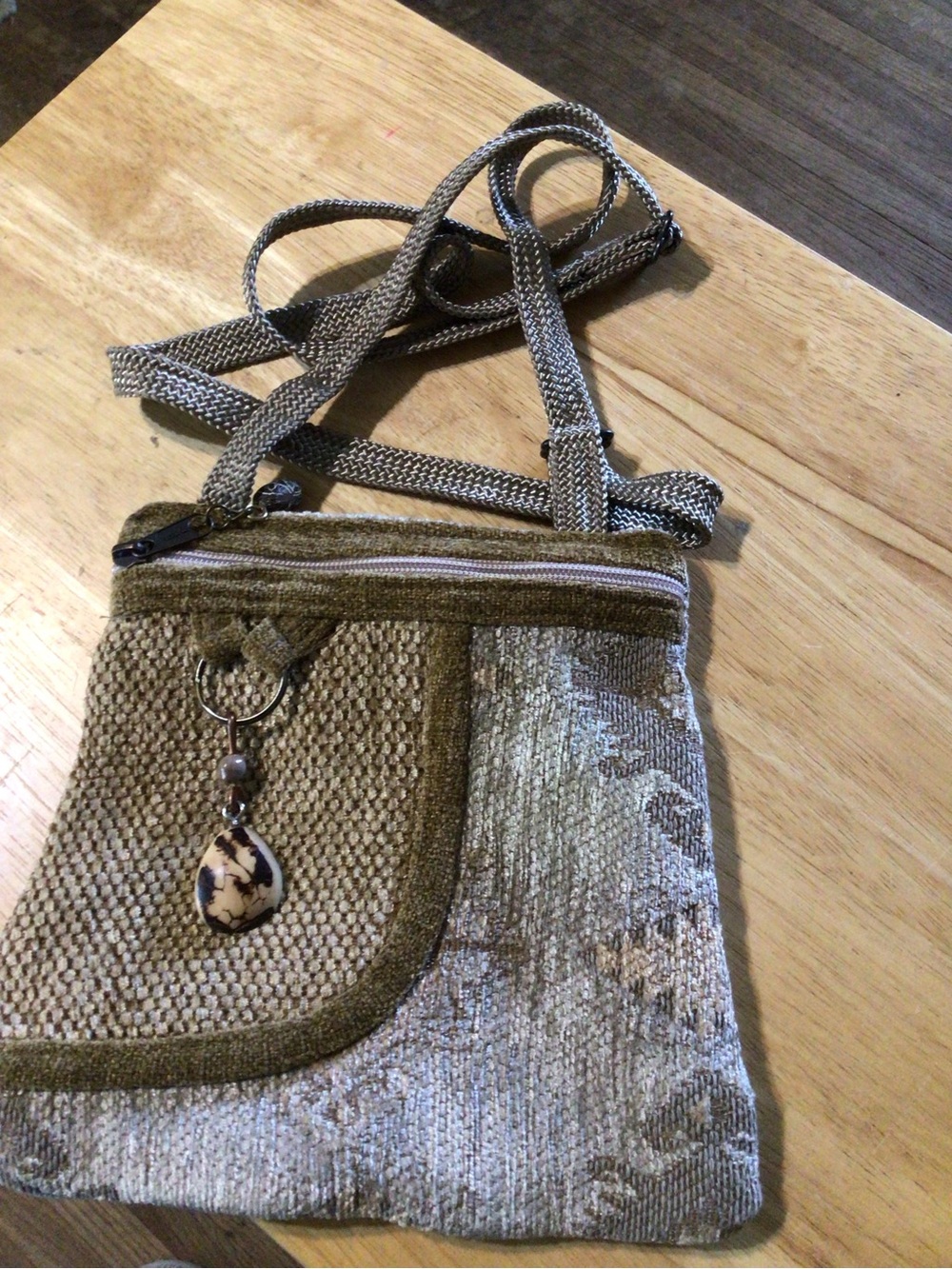 Olive Textured Crossbody Bag with Decorative Pendant
